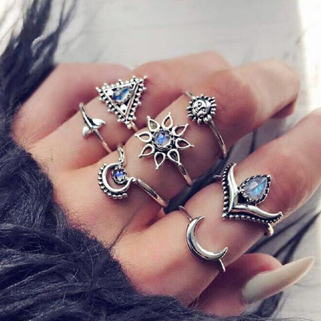 Sun Crescent Triangle Gem Fishtail Flower Ring Suit