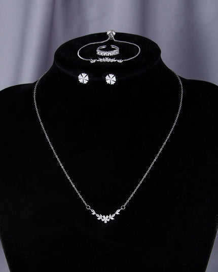 Simple Elegant Zircon Inlaid Jewelry Set Silver Flower Necklace Exquisite Earrings Bracelet Ring Suitable For Women's Daily Holiday Wear