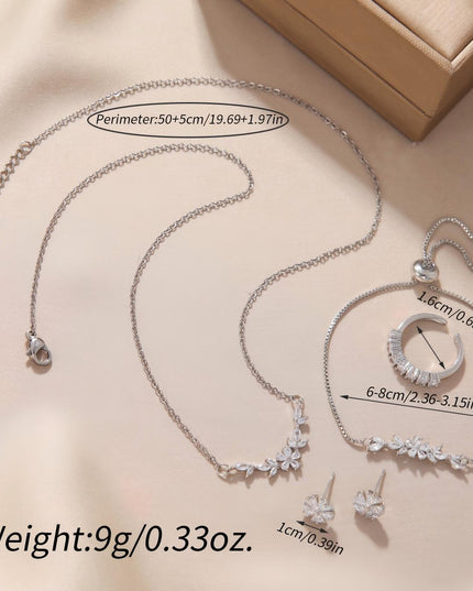 Simple Elegant Zircon Inlaid Jewelry Set Silver Flower Necklace Exquisite Earrings Bracelet Ring Suitable For Women's Daily Holiday Wear