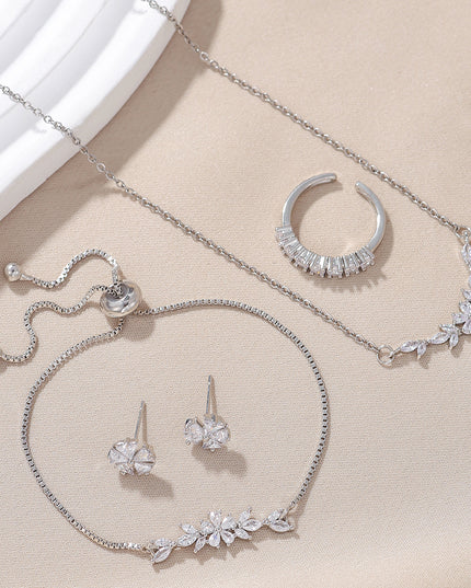 Simple Elegant Zircon Inlaid Jewelry Set Silver Flower Necklace Exquisite Earrings Bracelet Ring Suitable For Women's Daily Holiday Wear