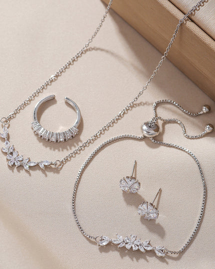 Simple Elegant Zircon Inlaid Jewelry Set Silver Flower Necklace Exquisite Earrings Bracelet Ring Suitable For Women's Daily Holiday Wear