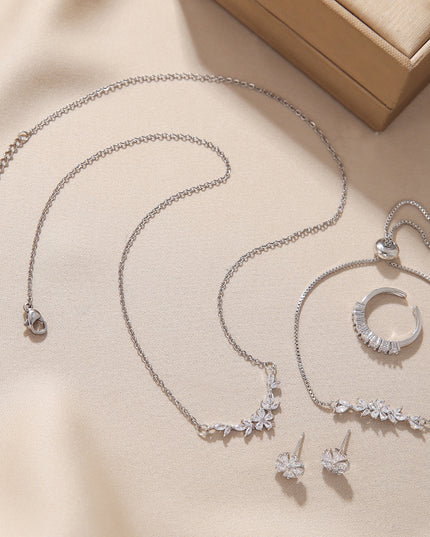Simple Elegant Zircon Inlaid Jewelry Set Silver Flower Necklace Exquisite Earrings Bracelet Ring Suitable For Women's Daily Holiday Wear